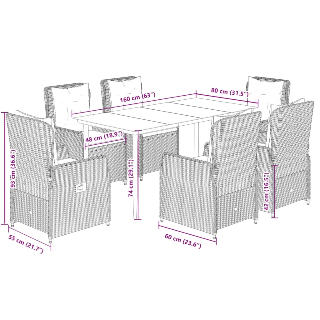 7 pcs conjunto de jantar p/ jardim com almofadões vime PE bege