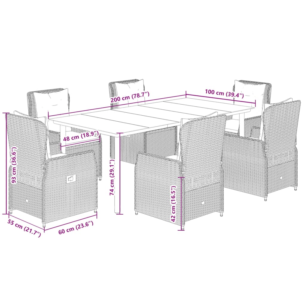 7 pcs conjunto de jantar p/ jardim com almofadões vime PE bege