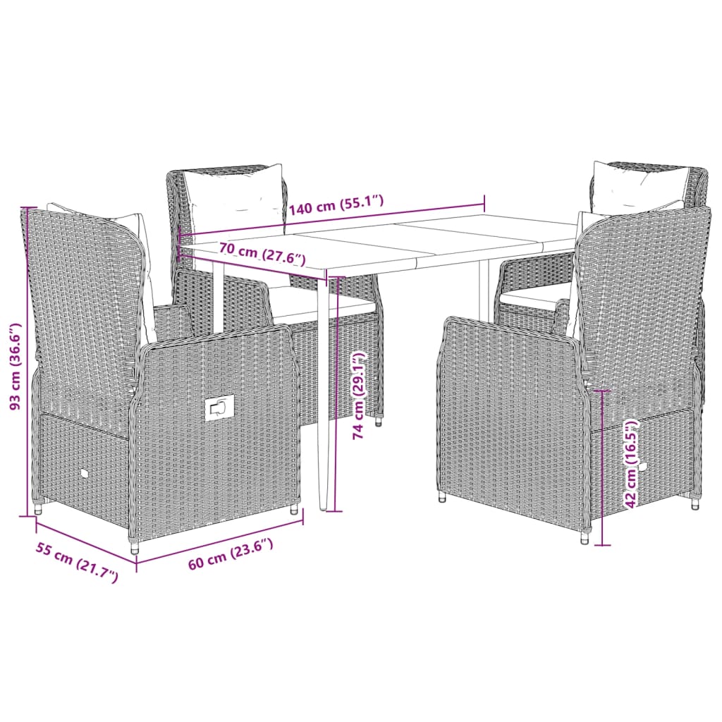 5 pcs conjunto de jantar p/ jardim c/ almofadões cinzento claro