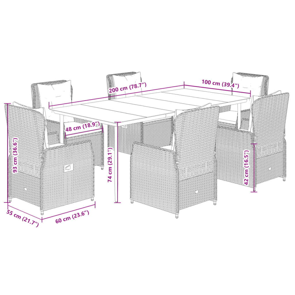 7 pcs conj. jantar p/ jardim c/ almofadões vime PE cinza-claro