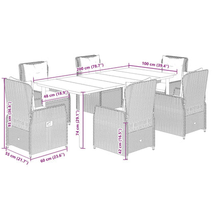 7 pcs conj. jantar p/ jardim c/ almofadões vime PE cinza-claro