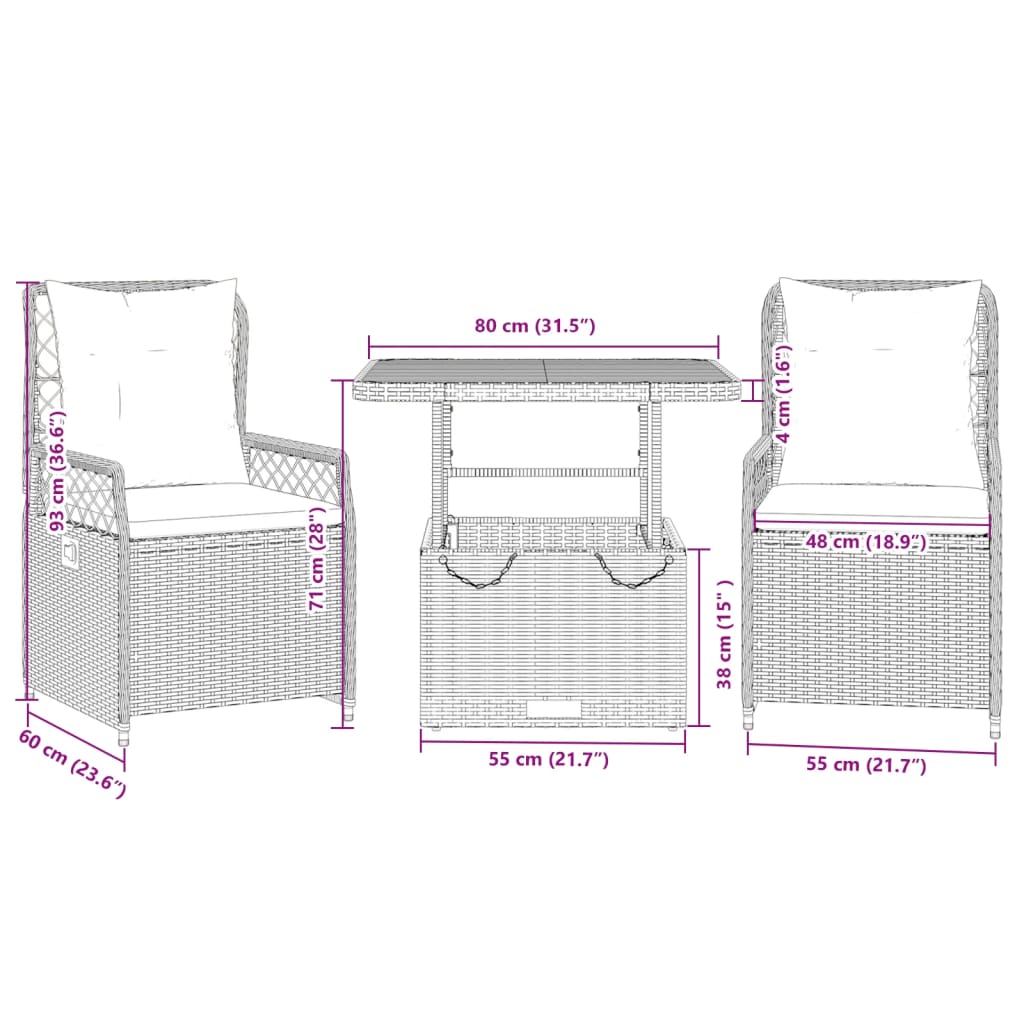 3 pcs conjunto de jantar p/ jardim c/ almofadões vime PE cinza