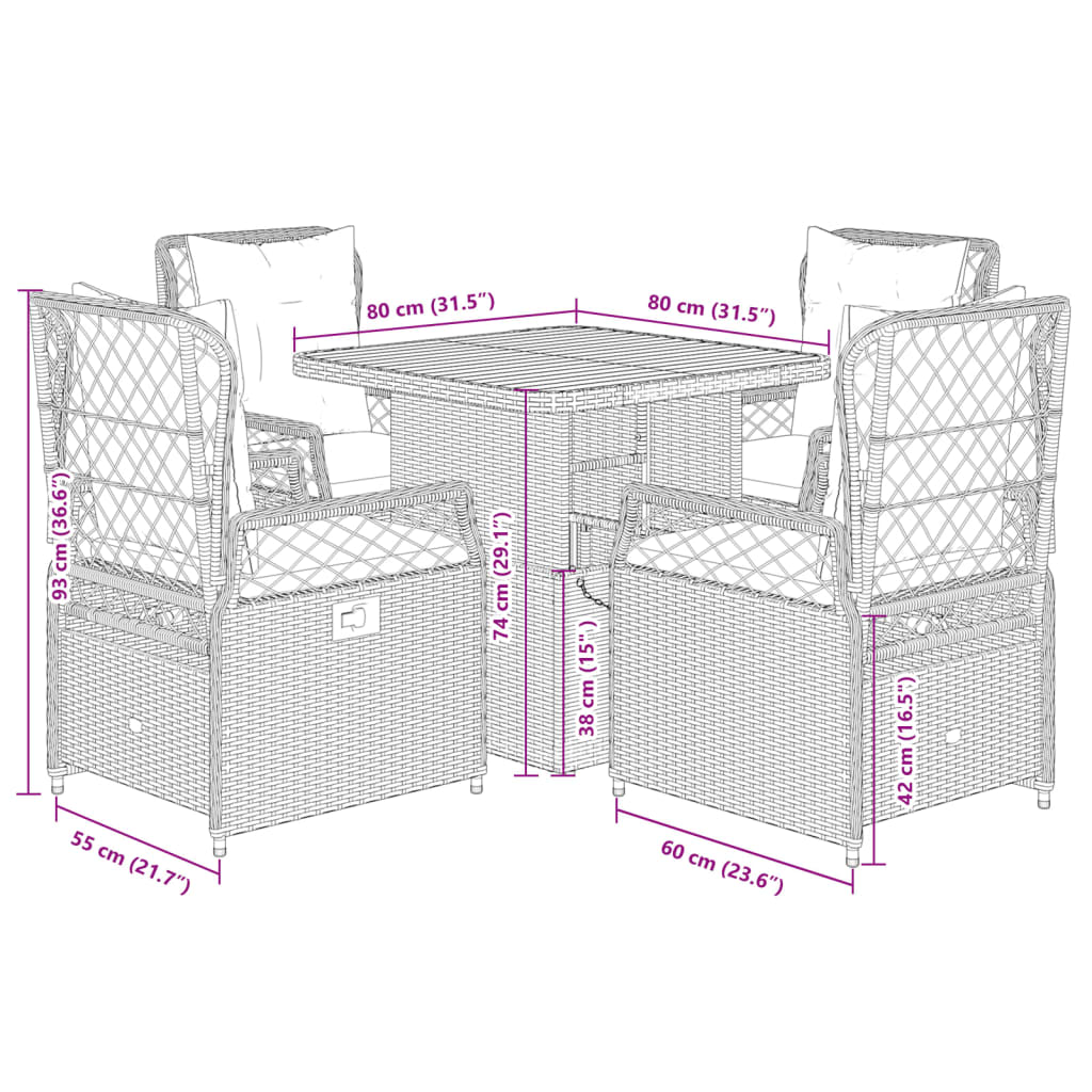 5 pcs conjunto de jantar p/ jardim c/ almofadões vime PE cinza