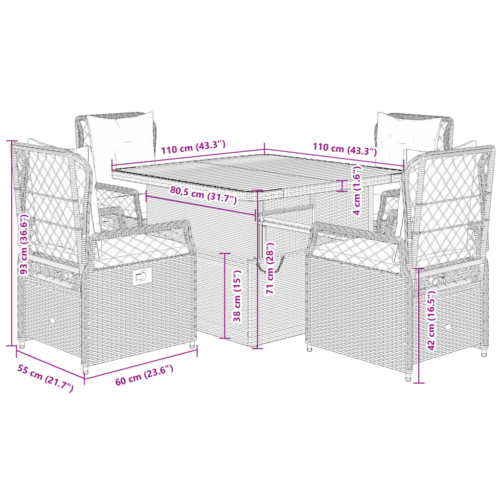 5 pcs conjunto de jantar p/ jardim c/ almofadões vime PE cinza