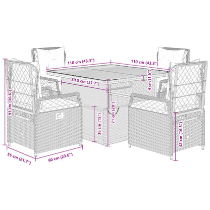 5 pcs conjunto de jantar p/ jardim c/ almofadões vime PE cinza