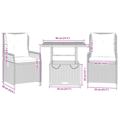 3 pcs conjunto de jantar p/ jardim com almofadões vime PE bege