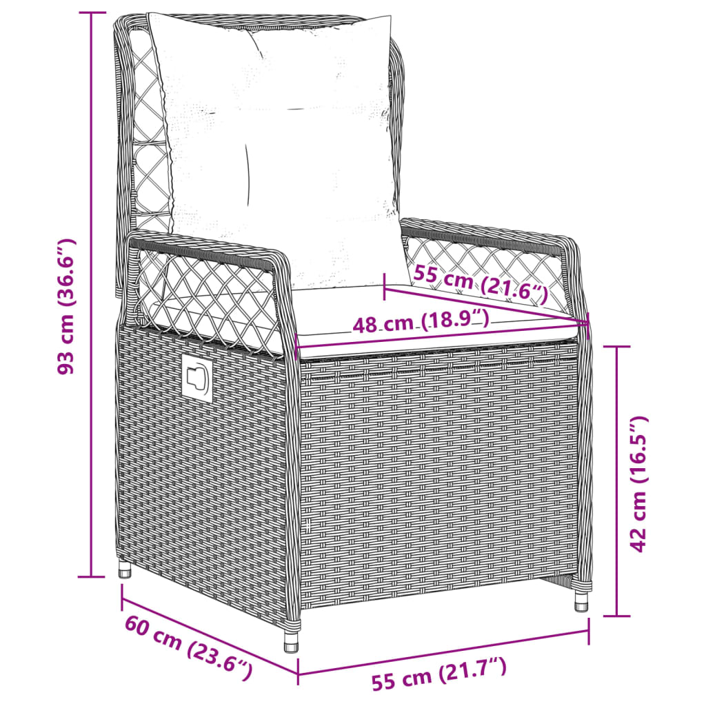 3 pcs conjunto de jantar p/ jardim com almofadões vime PE bege