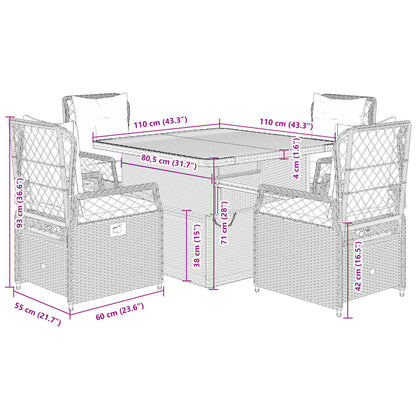 5 pcs conjunto de jantar p/ jardim com almofadões vime PE bege