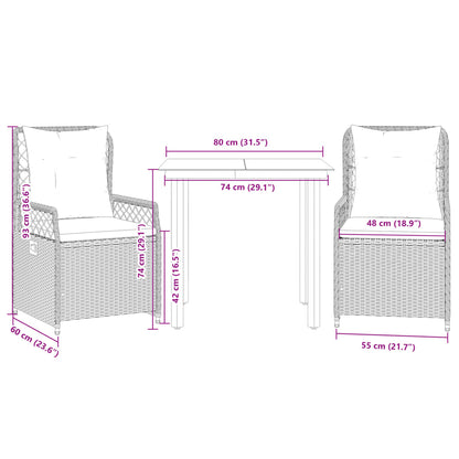 3 pcs conjunto de jantar p/ jardim c/ almofadões vime PE preto