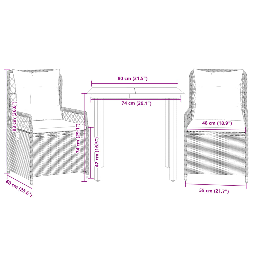 3 pcs conjunto jantar p/ jardim c/ almofadões vime PE castanho