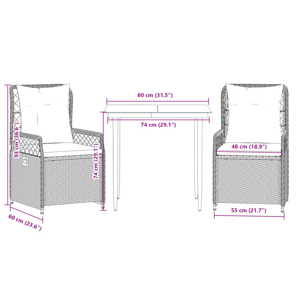 3 pcs conjunto de jantar p/ jardim c/ almofadões vime PE cinza