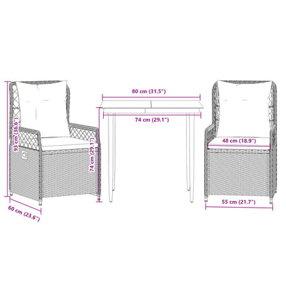 3 pcs conjunto de jantar p/ jardim c/ almofadões vime PE cinza