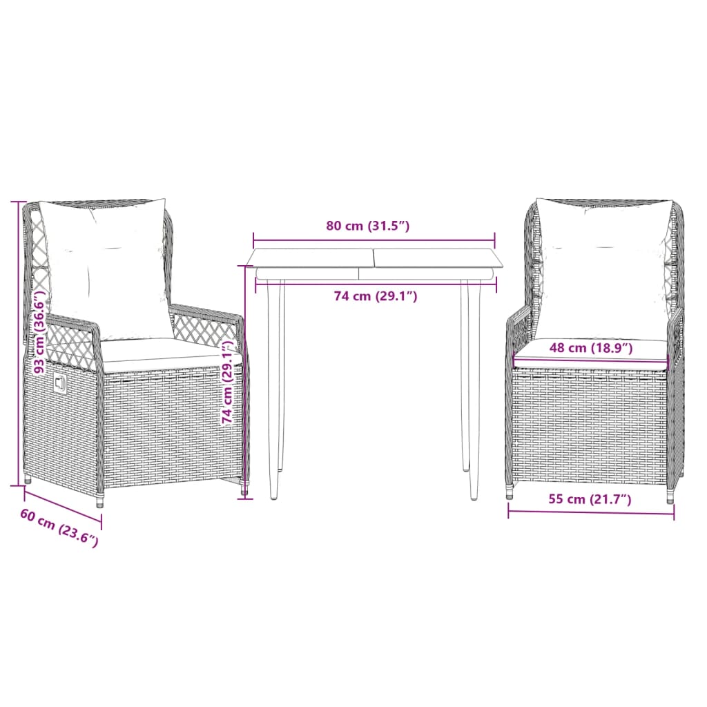 3 pcs conjunto de jantar p/ jardim com almofadões vime PE bege