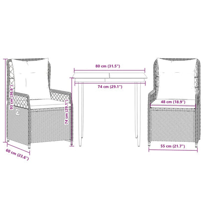 3 pcs conjunto de jantar p/ jardim com almofadões vime PE bege