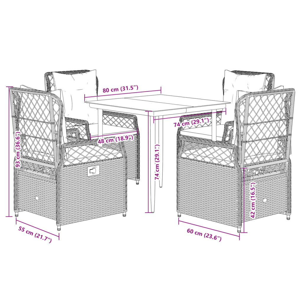 5 pcs conjunto de jantar p/ jardim c/ almofadões cinzento claro