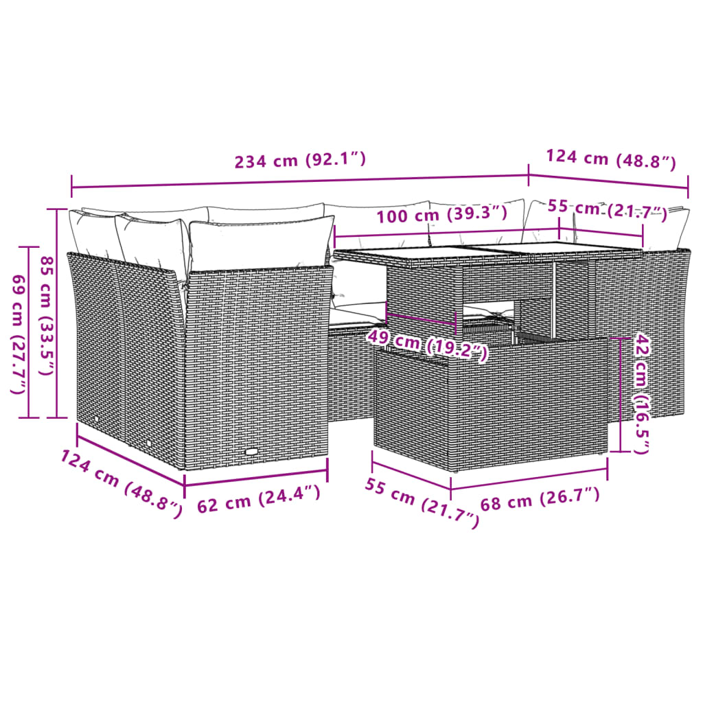 7 pcs conjunto de sofás p/ jardim com almofadões vime PE bege