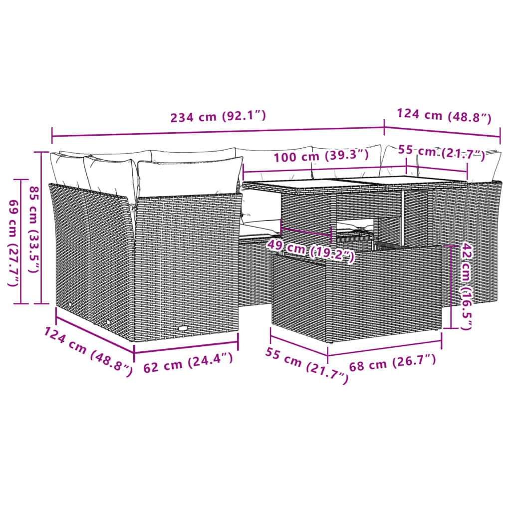 7 pcs conjunto de sofás p/ jardim com almofadões vime PE bege