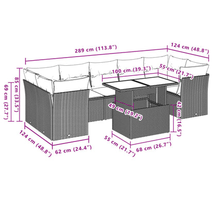 8 pcs conjunto sofás de jardim com almofadões vime PE preto