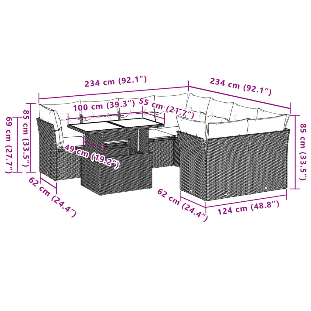 9 pcs conjunto de sofás p/ jardim com almofadões vime PE bege