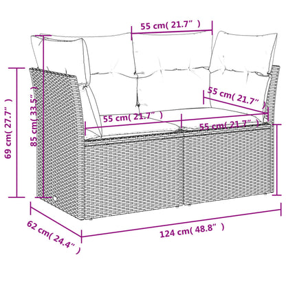 9 pcs conjunto sofás p/ jardim com almofadões vime PE cinzento