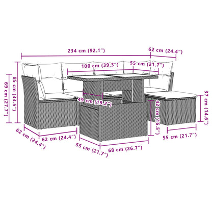 6 pcs conjunto sofás de jardim c/ almofadões vime PE preto