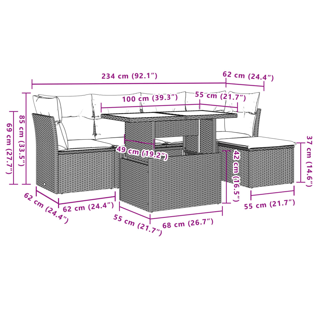 6 pcs conjunto de sofás jardim c/ almofadões vime PE castanho