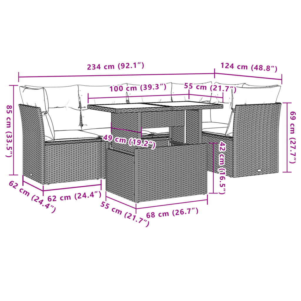 6 pcs conjunto de sofás p/ jardim com almofadões vime PE bege