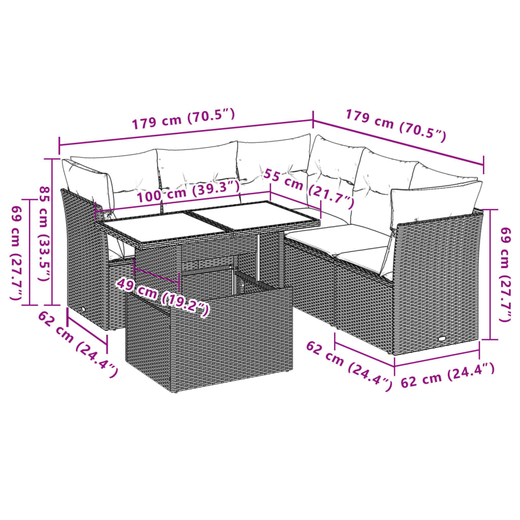 6 pcs conjunto sofás de jardim c/ almofadões vime PE preto