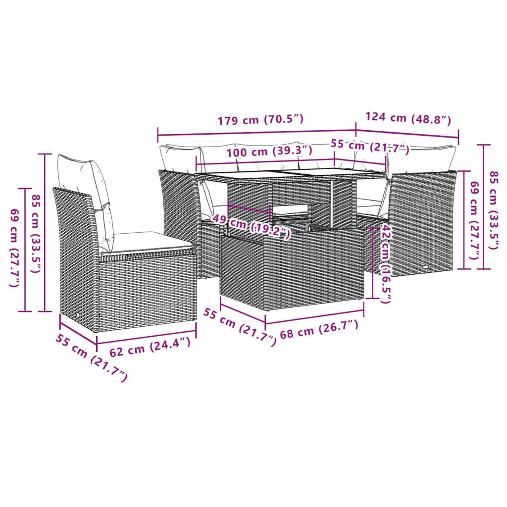 6 pcs conjunto de sofás p/ jardim com almofadões vime PE bege