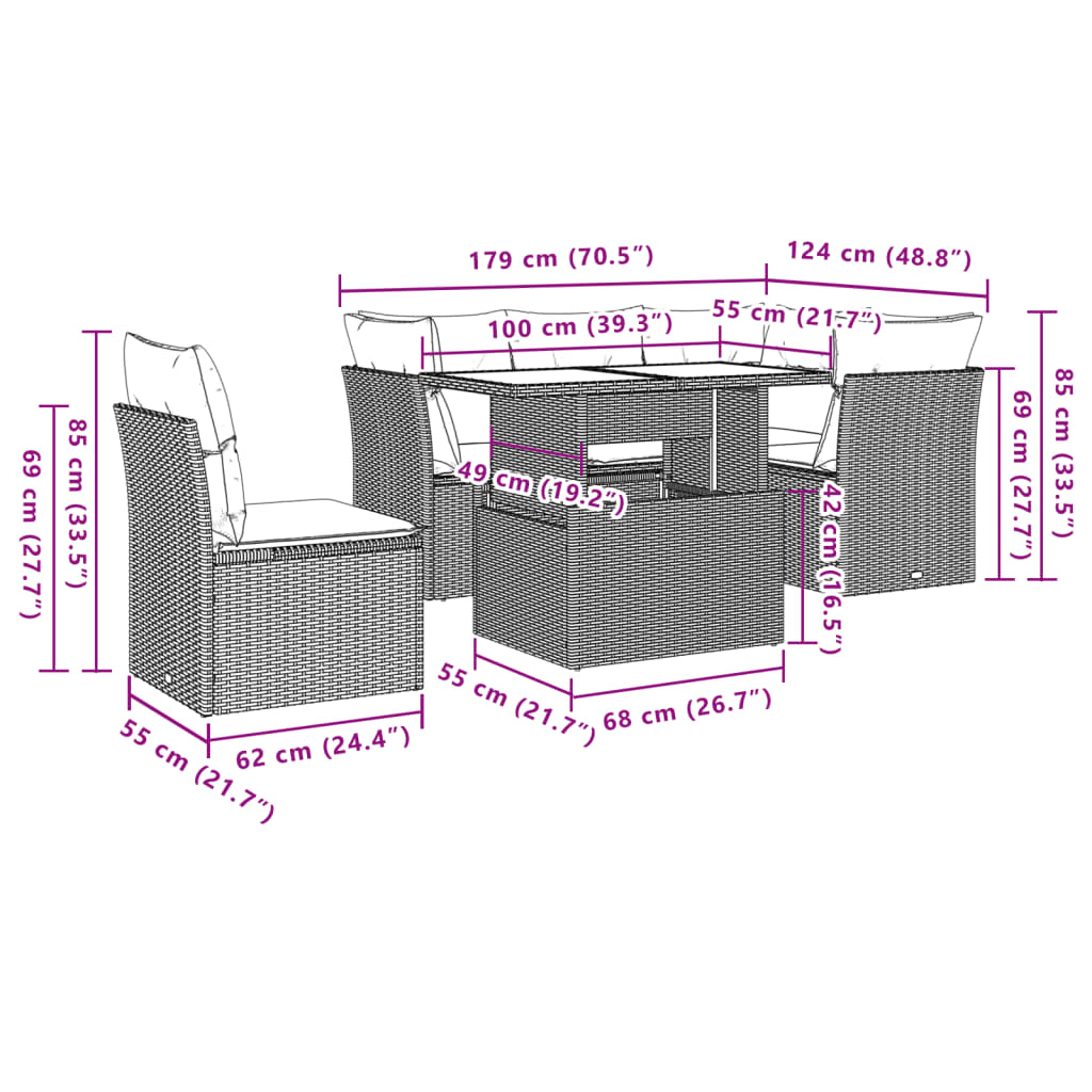 6 pcs conjunto de sofás p/ jardim com almofadões vime PE bege