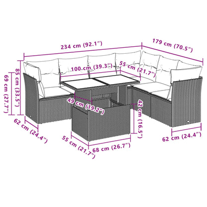 7 pcs conjunto de sofás p/ jardim com almofadões vime PE bege