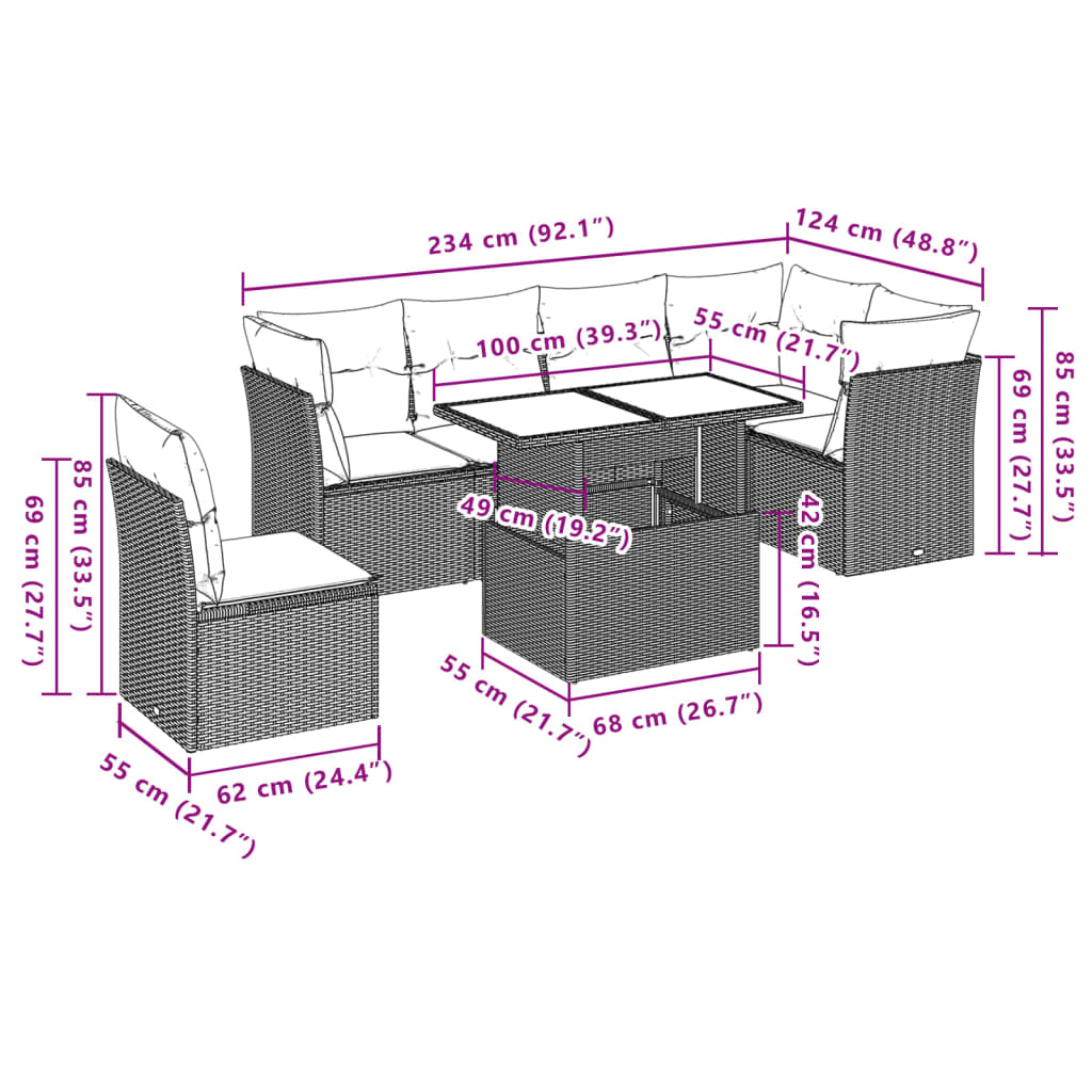 7 pcs conjunto de sofás p/ jardim c/ almofadões vime PE preto