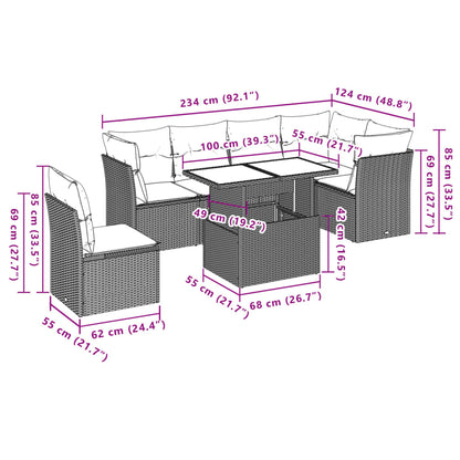 7 pcs conjunto de sofás jardim c/ almofadões vime PE castanho