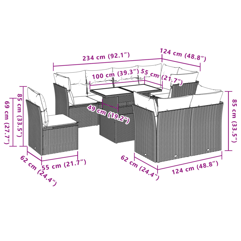 9 pcs conjunto de sofás p/ jardim com almofadões vime PE bege