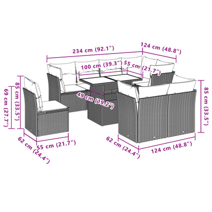 9 pcs conjunto de sofás p/ jardim com almofadões vime PE bege