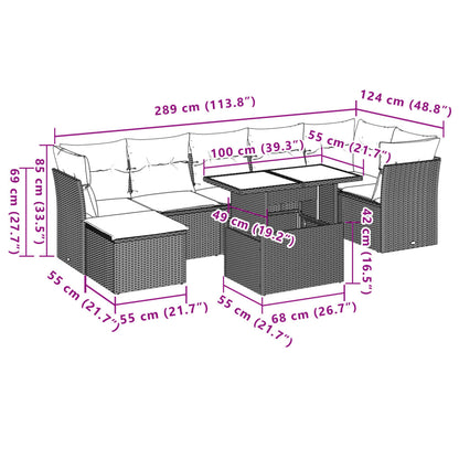 8 pcs conjunto de sofás p/ jardim com almofadões vime PE bege