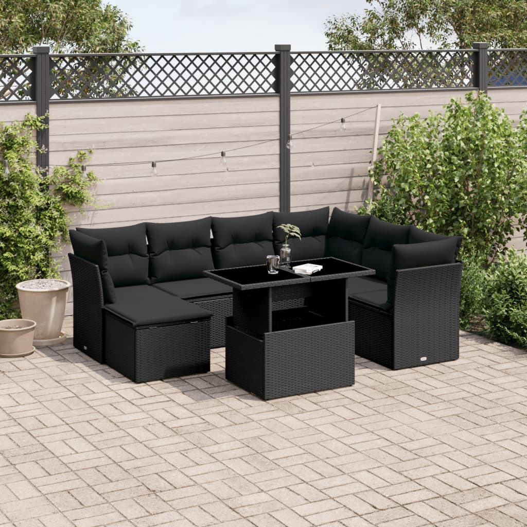 8 pcs conjunto sofás de jardim com almofadões vime PE preto