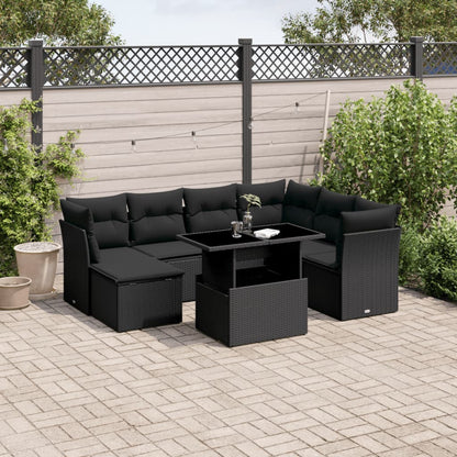 8 pcs conjunto sofás de jardim com almofadões vime PE preto