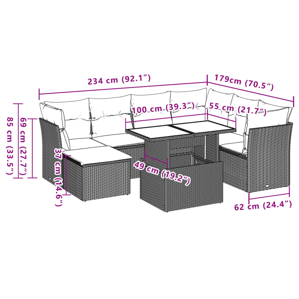 8 pcs conj. sofás jardim c/ almofadões vime PE cinzento-claro