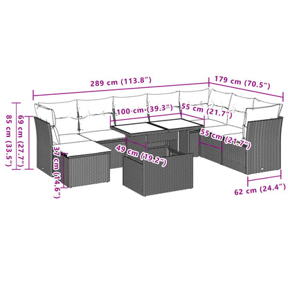 9 pcs conjunto de sofás p/ jardim c/ almofadões vime PE preto