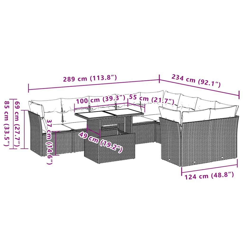 10 pcs conjunto sofás de jardim c/ almofadões vime PE preto