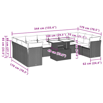 11 pcs conjunto sofás de jardim c/ almofadões vime PE preto