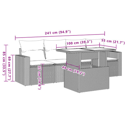 5 pcs conjunto sofás de jardim c/ almofadões vime PE cinzento