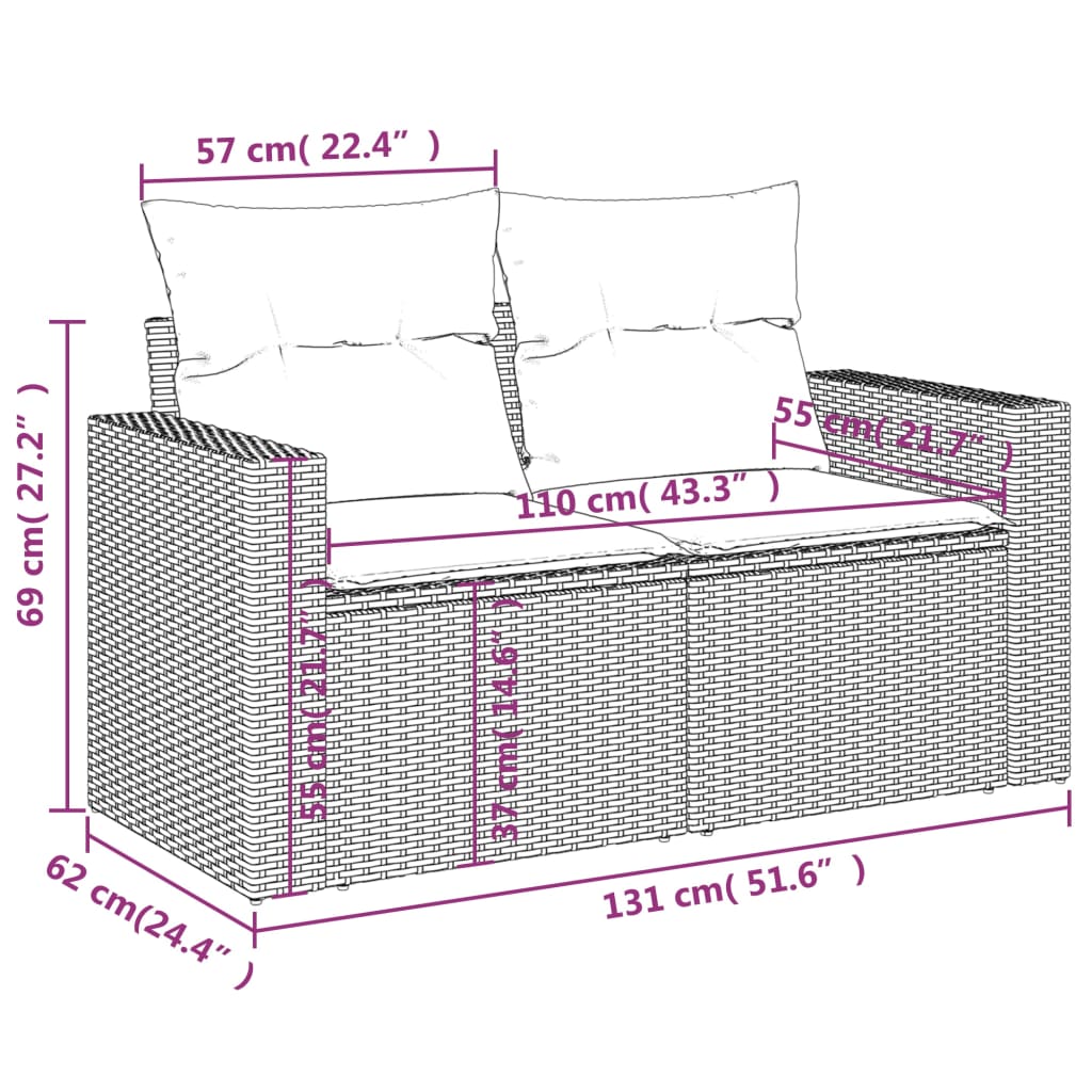 5 pcs conjunto sofás de jardim c/ almofadões vime PE cinzento