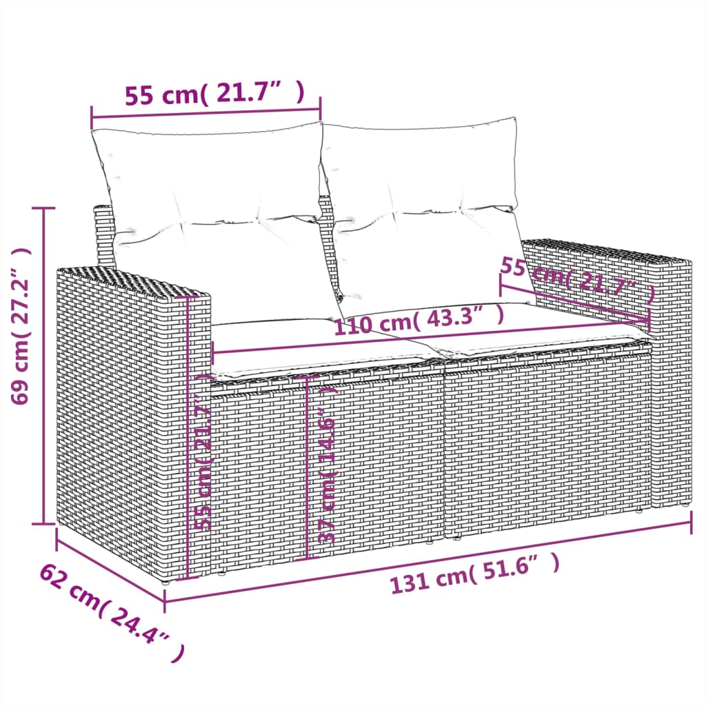 5 pcs conj. sofás jardim c/ almofadões vime PE cinzento-claro