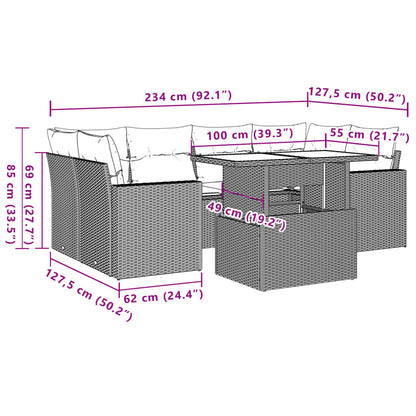 7 pcs conjunto de sofás p/ jardim c/ almofadões vime PE preto