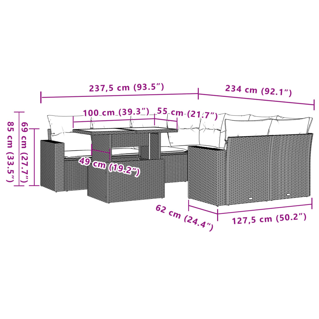 9 pcs conjunto de sofás p/ jardim com almofadões vime PE bege