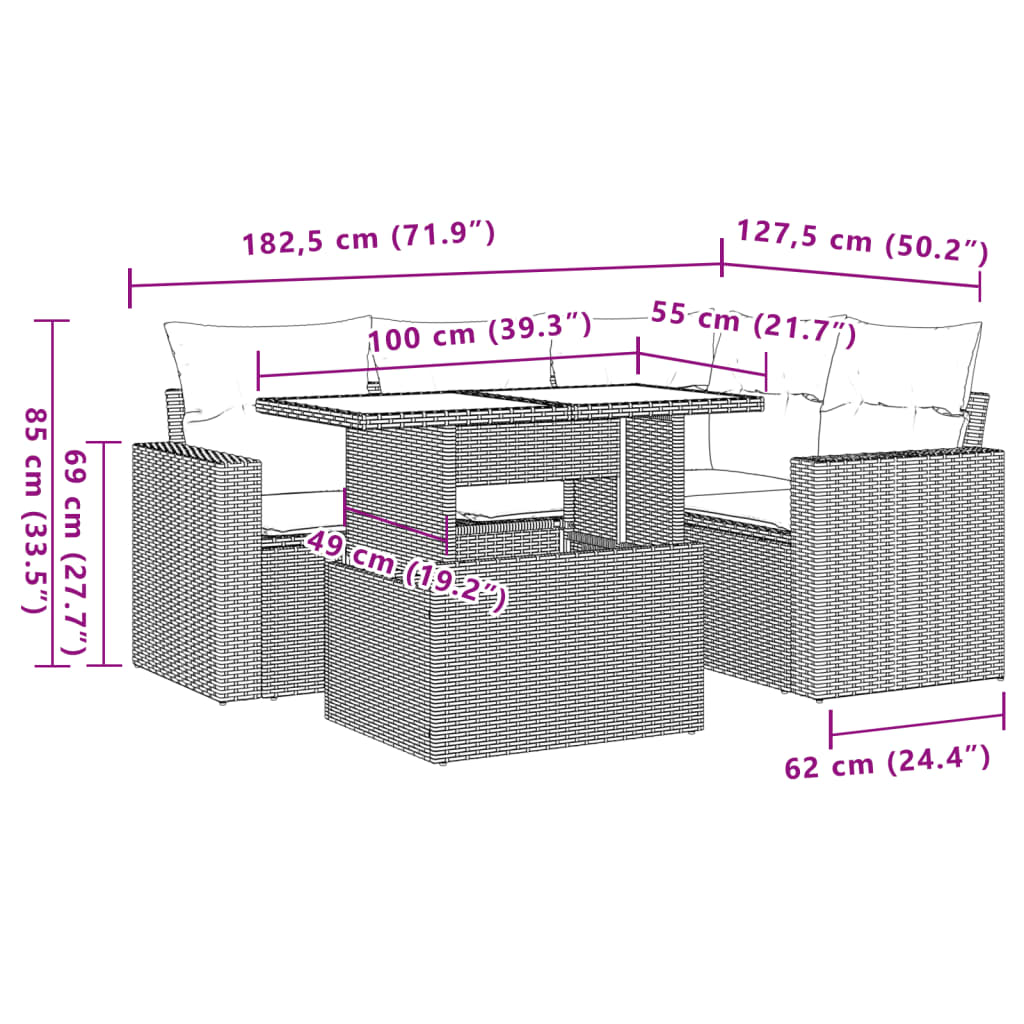 5 pcs conjunto de sofás p/ jardim com almofadões vime PE bege