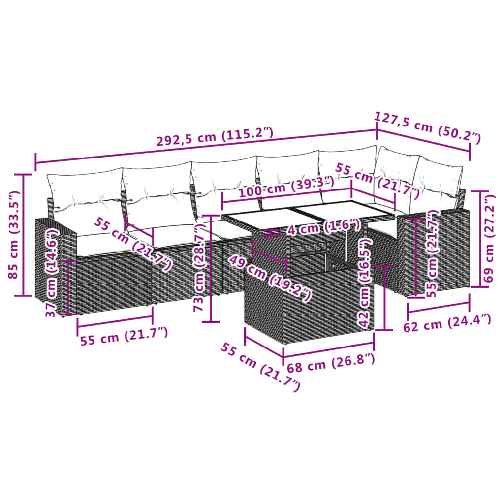 7 pcs conjunto de sofás p/ jardim c/ almofadões vime PE preto