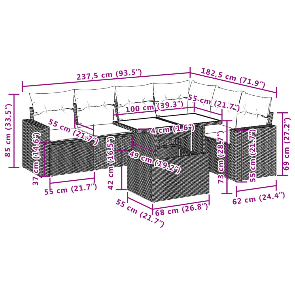 7 pcs conjunto de sofás p/ jardim c/ almofadões vime PE preto